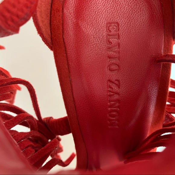 Elvio Zanon Red Suede Fringe Stiletto Heels - Boho Chic Ankle Strap Size 7 - Picture 6 of 6